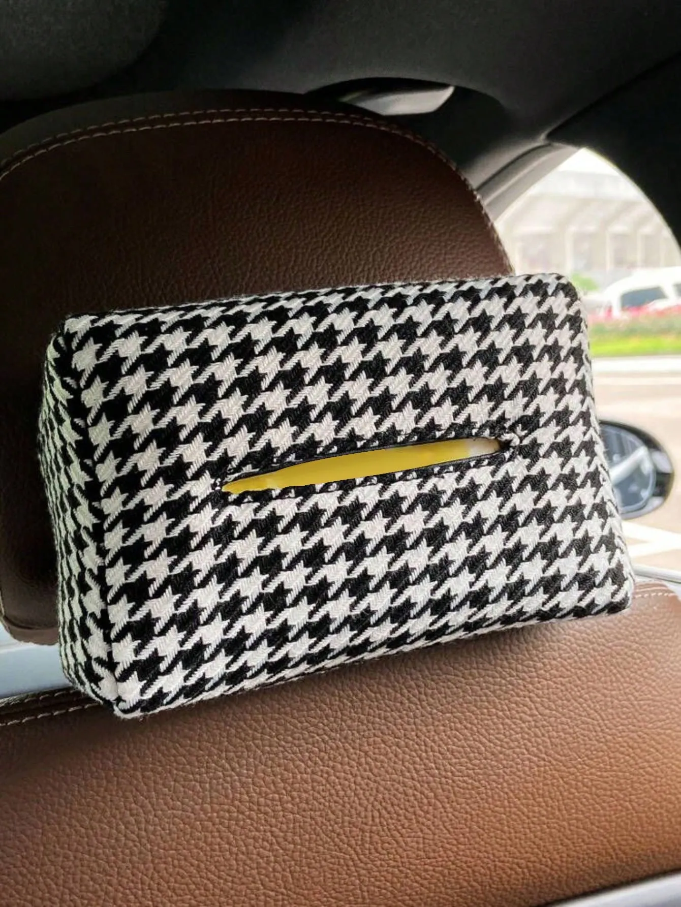 1pc Houndstooth Print Polyester Car Tissue Box