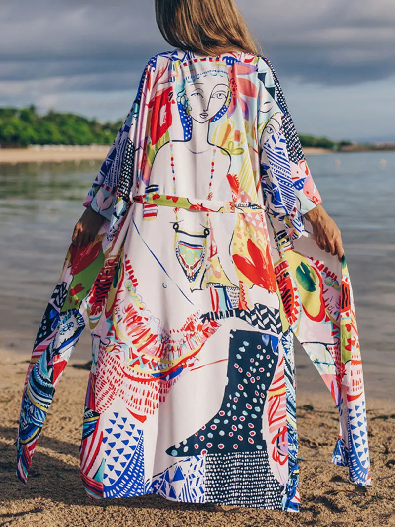 Beachwear & Swimwear Polyester Kimono Floral Print With Doll Print On Back Multicolor Color Long Length Gown Kimono Duster Robe