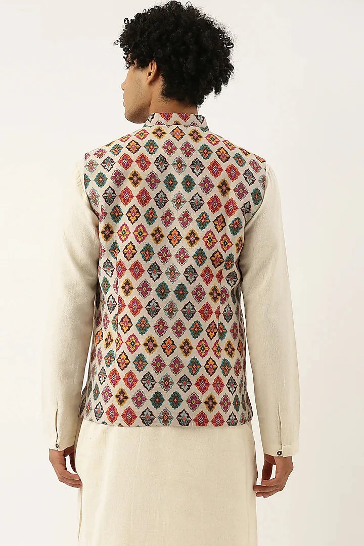 Beige Printed Jacket Vest