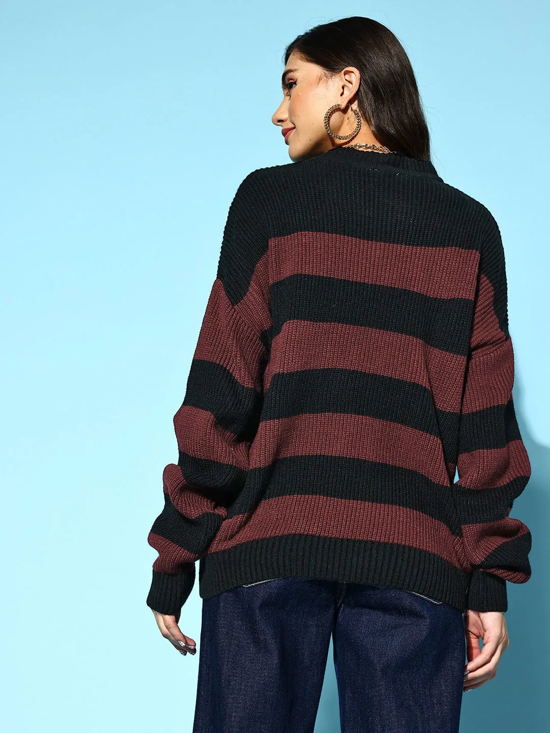 Berrylush Women Black & Rust Red Striped Pattern Round Neck Polyester Ribbed Hem Regular Pullover