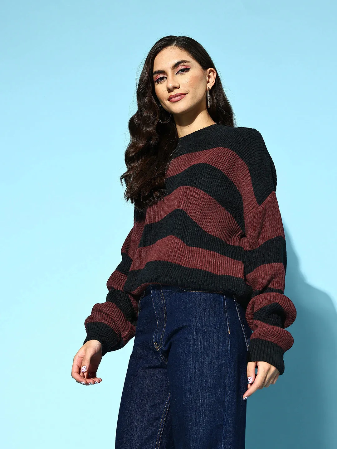 Berrylush Women Black & Rust Red Striped Pattern Round Neck Polyester Ribbed Hem Regular Pullover