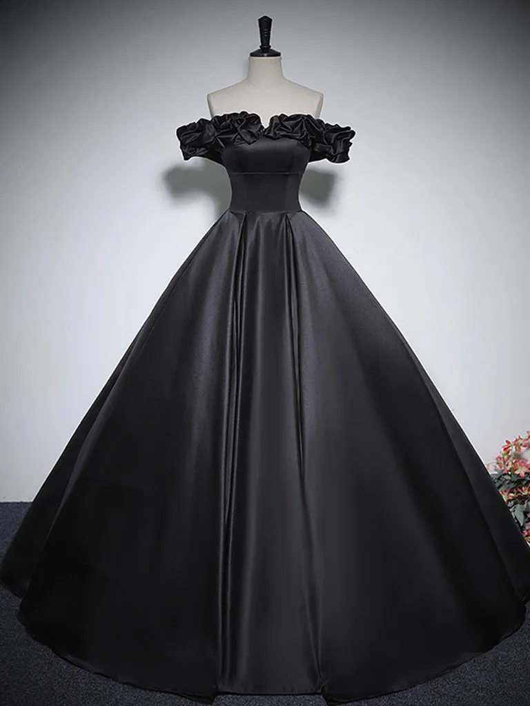 Black Off Shoulder Satin Long Prom Dress, Black Satin Evening Dress