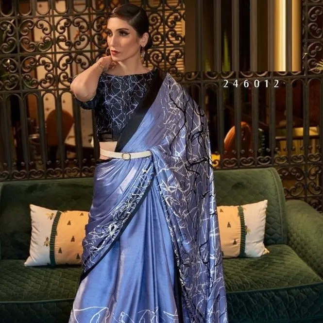 Blue Satin Crepe Saree