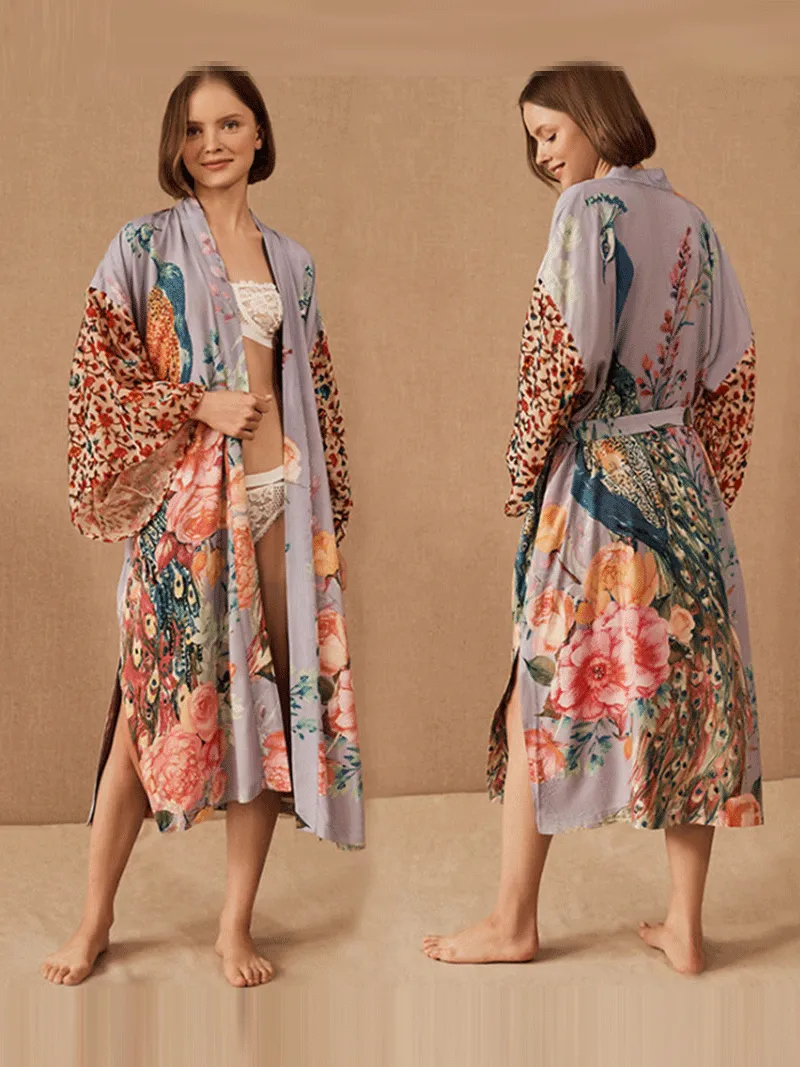 Bridal Partywear Polyester Long Length Peacock Print Multicolor Gown Kimono Duster Robe