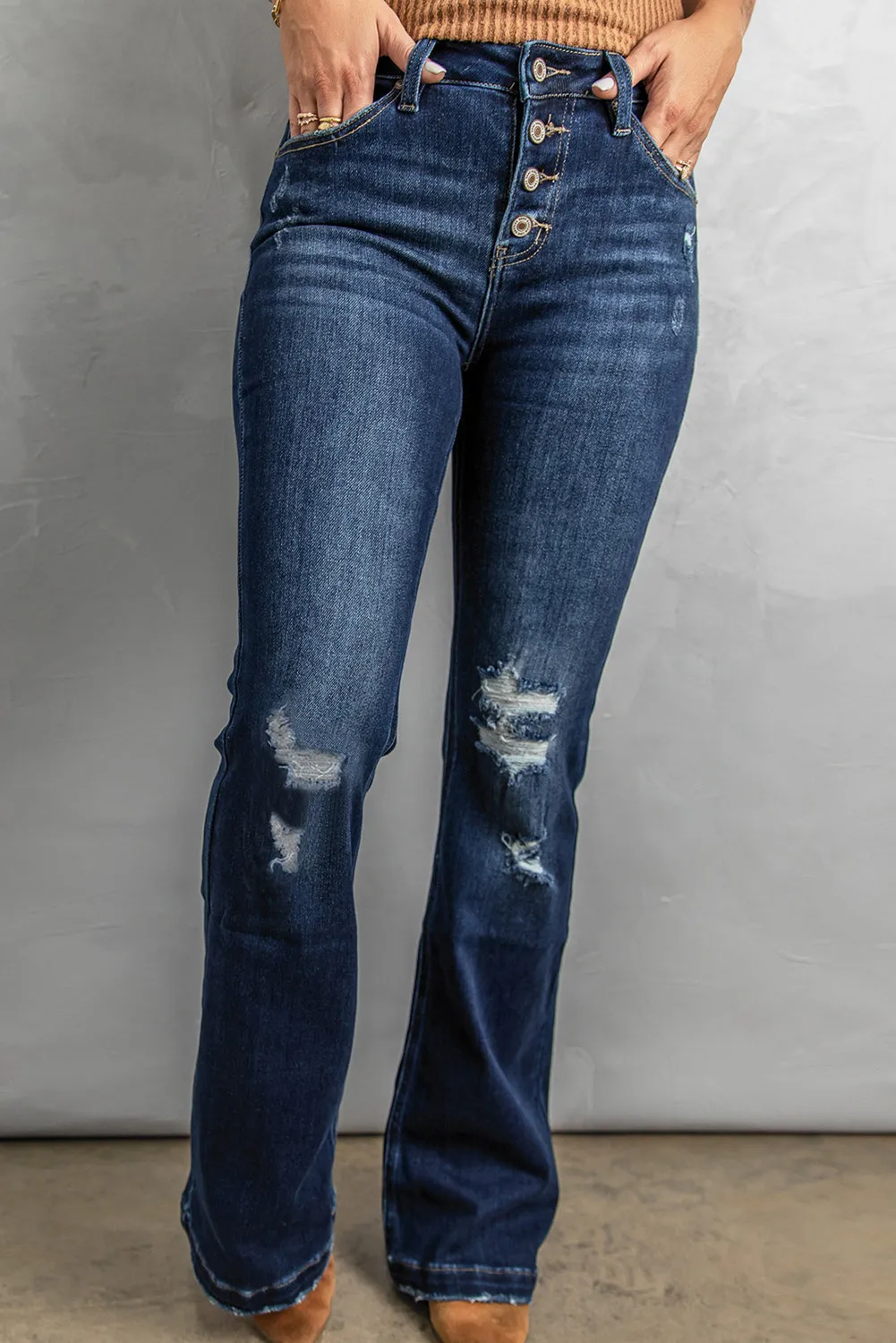 Button Distressed Bootcut Jeans