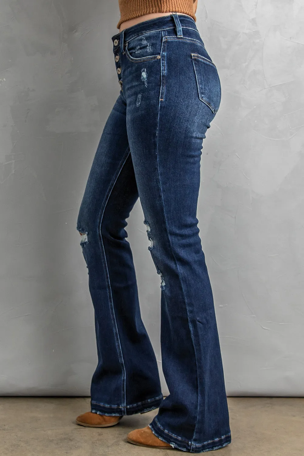 Button Distressed Bootcut Jeans