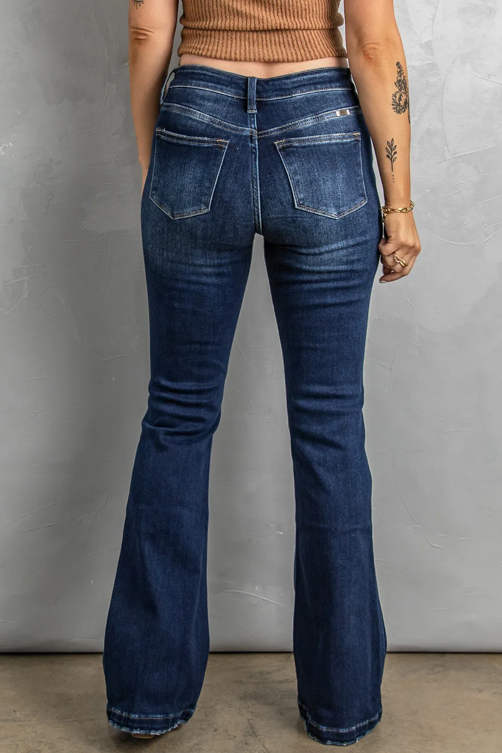 Button Distressed Bootcut Jeans