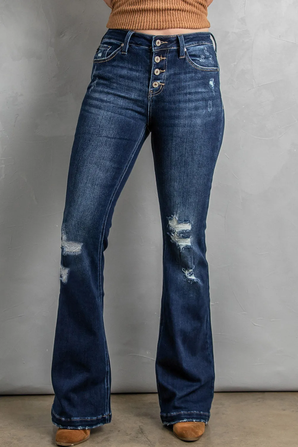 Button Distressed Bootcut Jeans