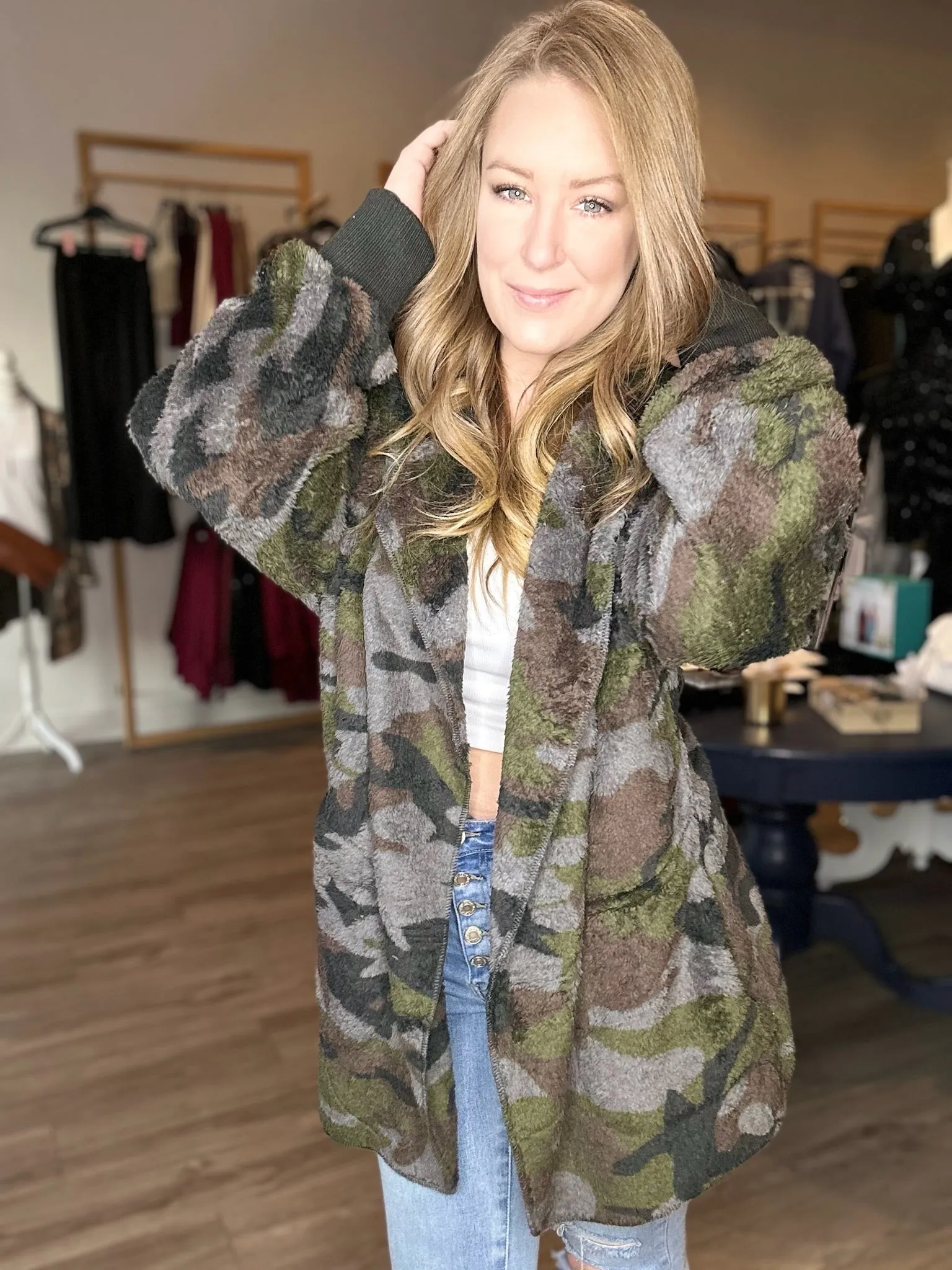 Camo Print Fluffy Open Jacket