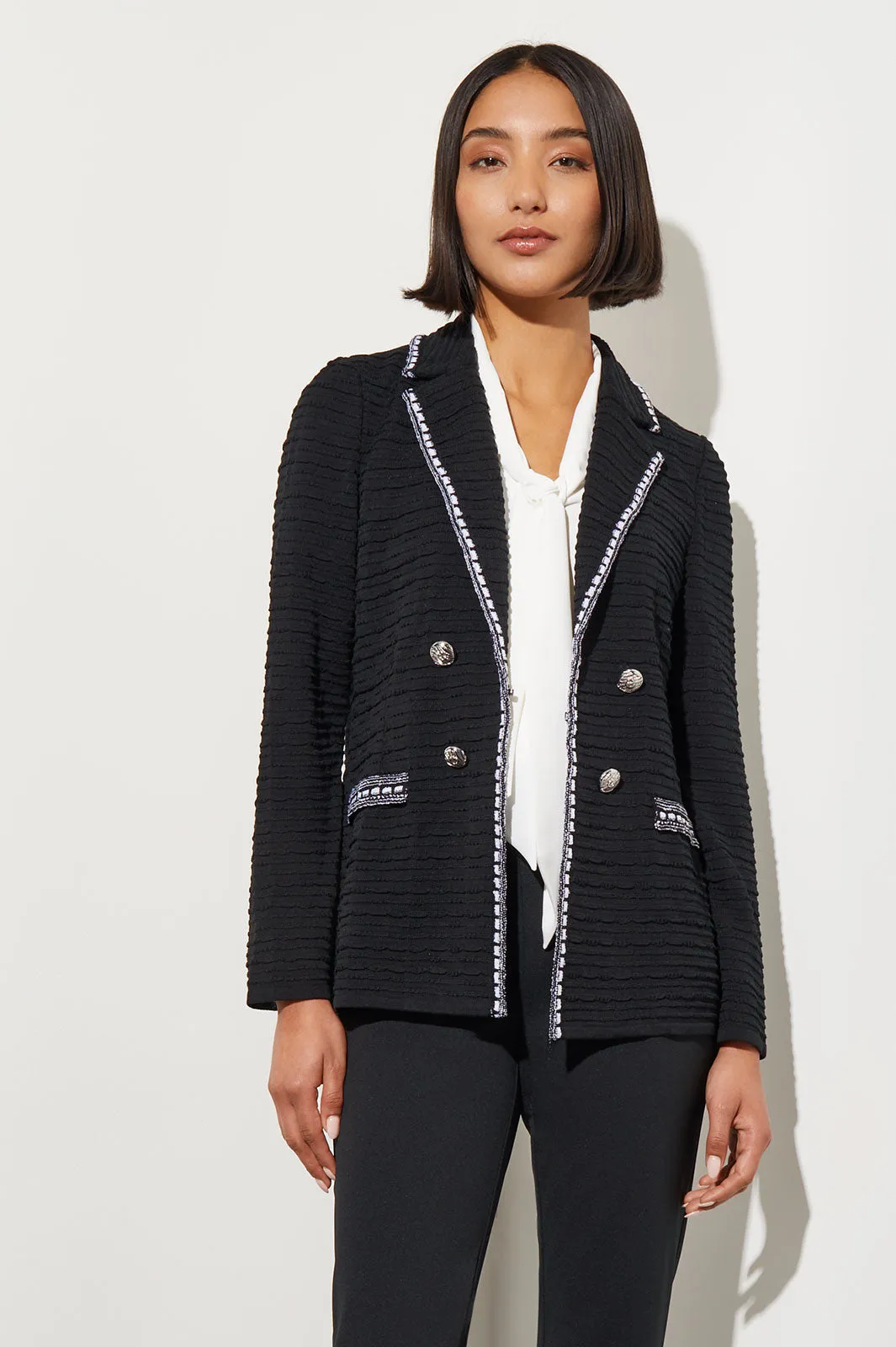 Contrast Trim Textured Knit Jacket, Black/White