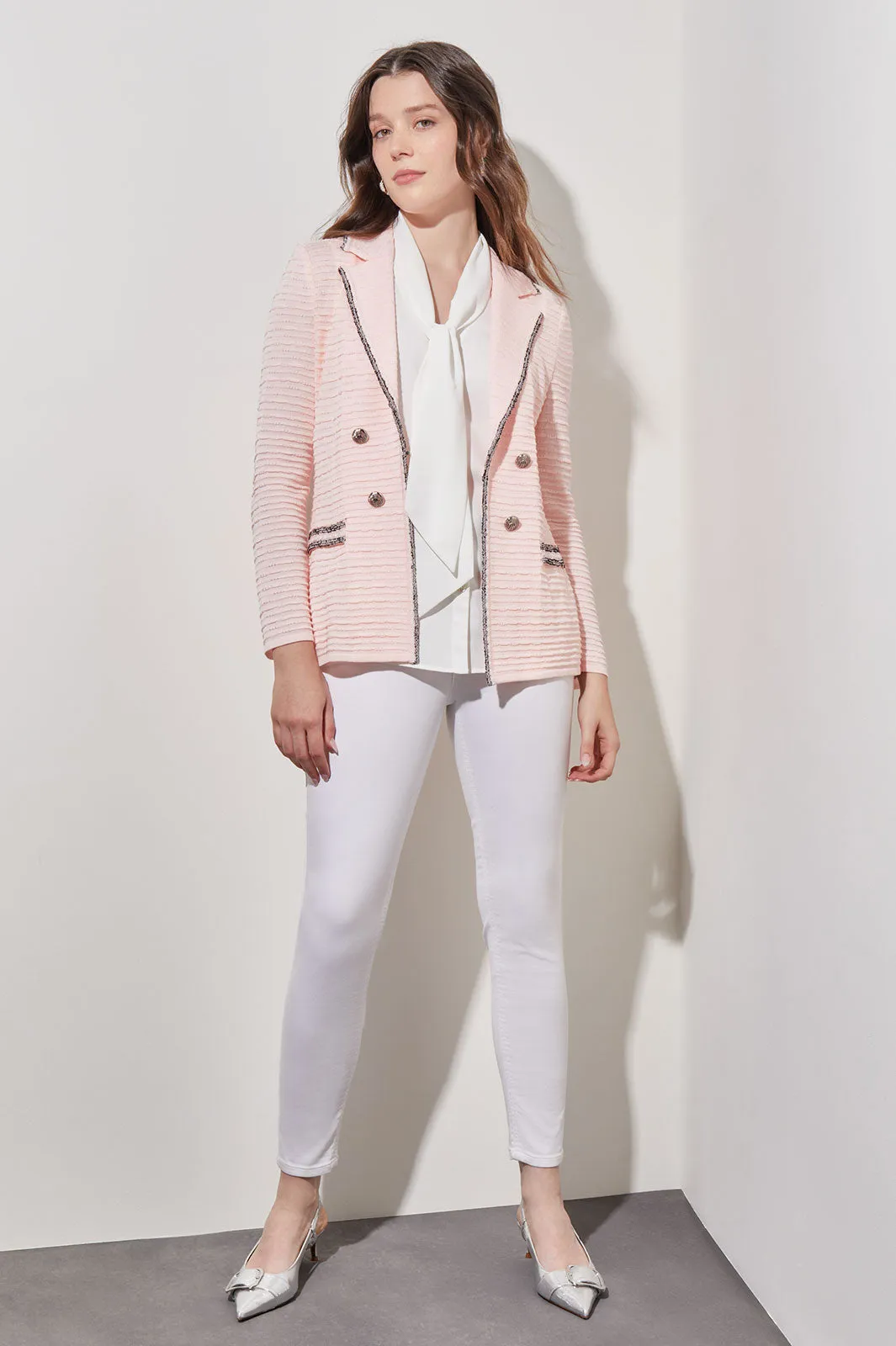 Contrast Trim Textured Knit Jacket, Pink Satin