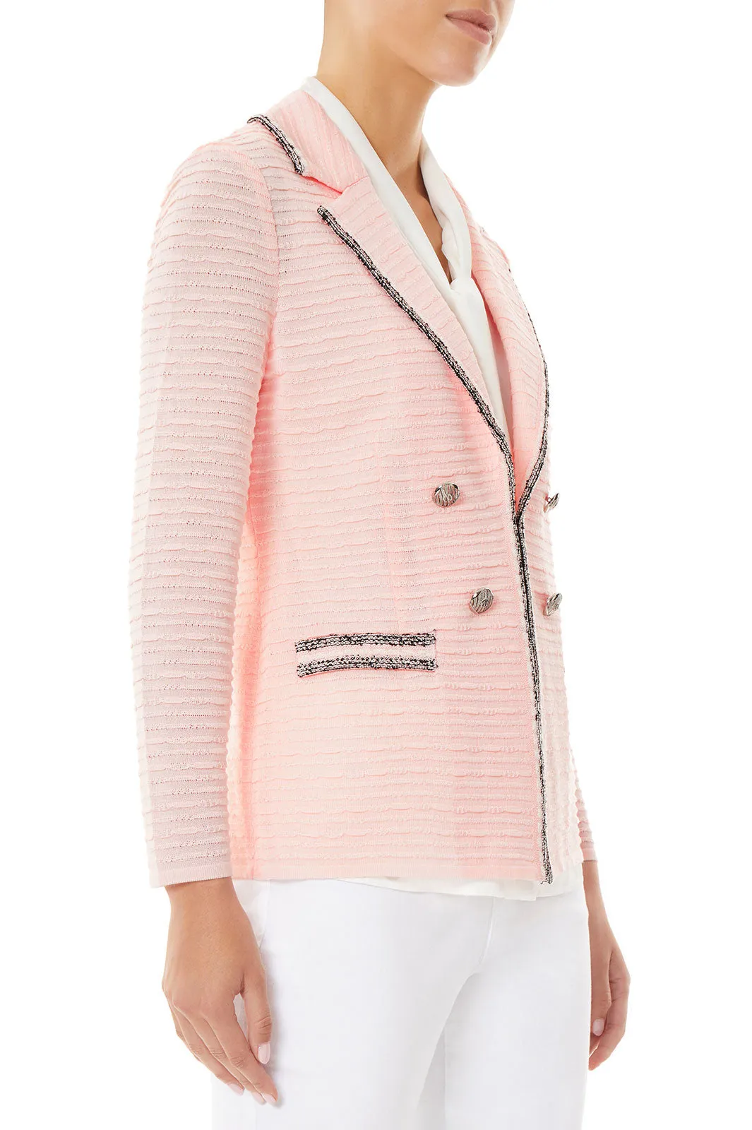 Contrast Trim Textured Knit Jacket, Pink Satin