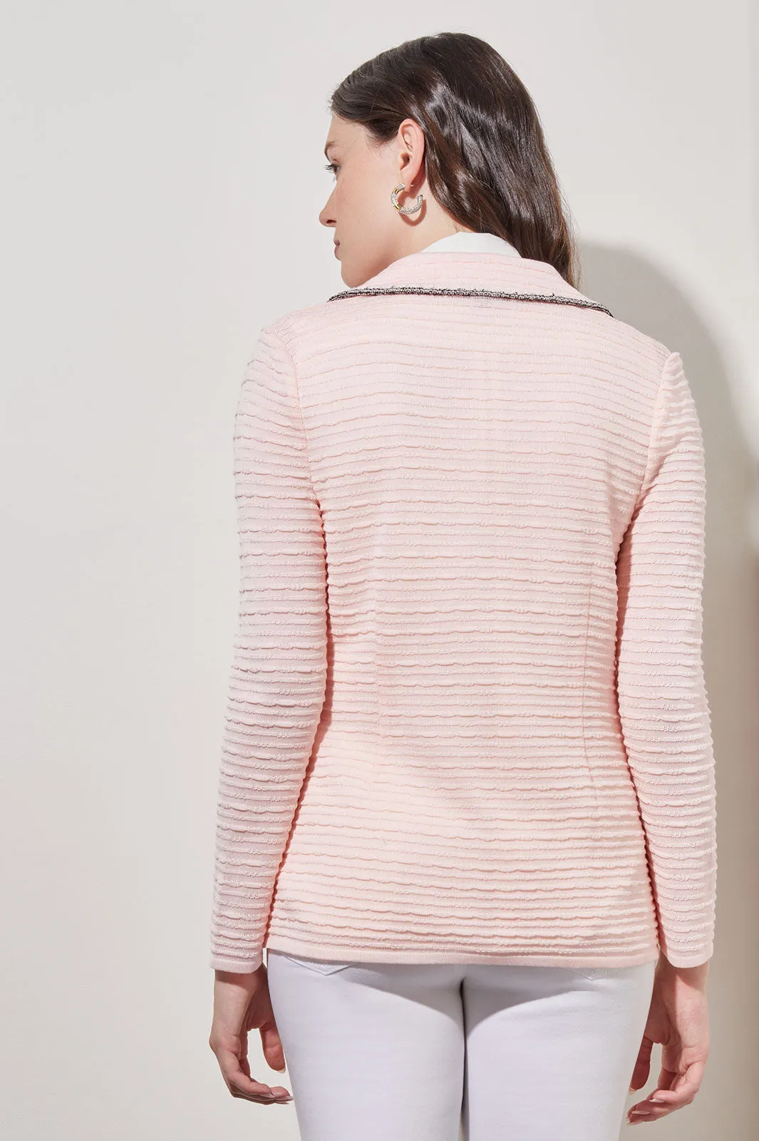 Contrast Trim Textured Knit Jacket, Pink Satin