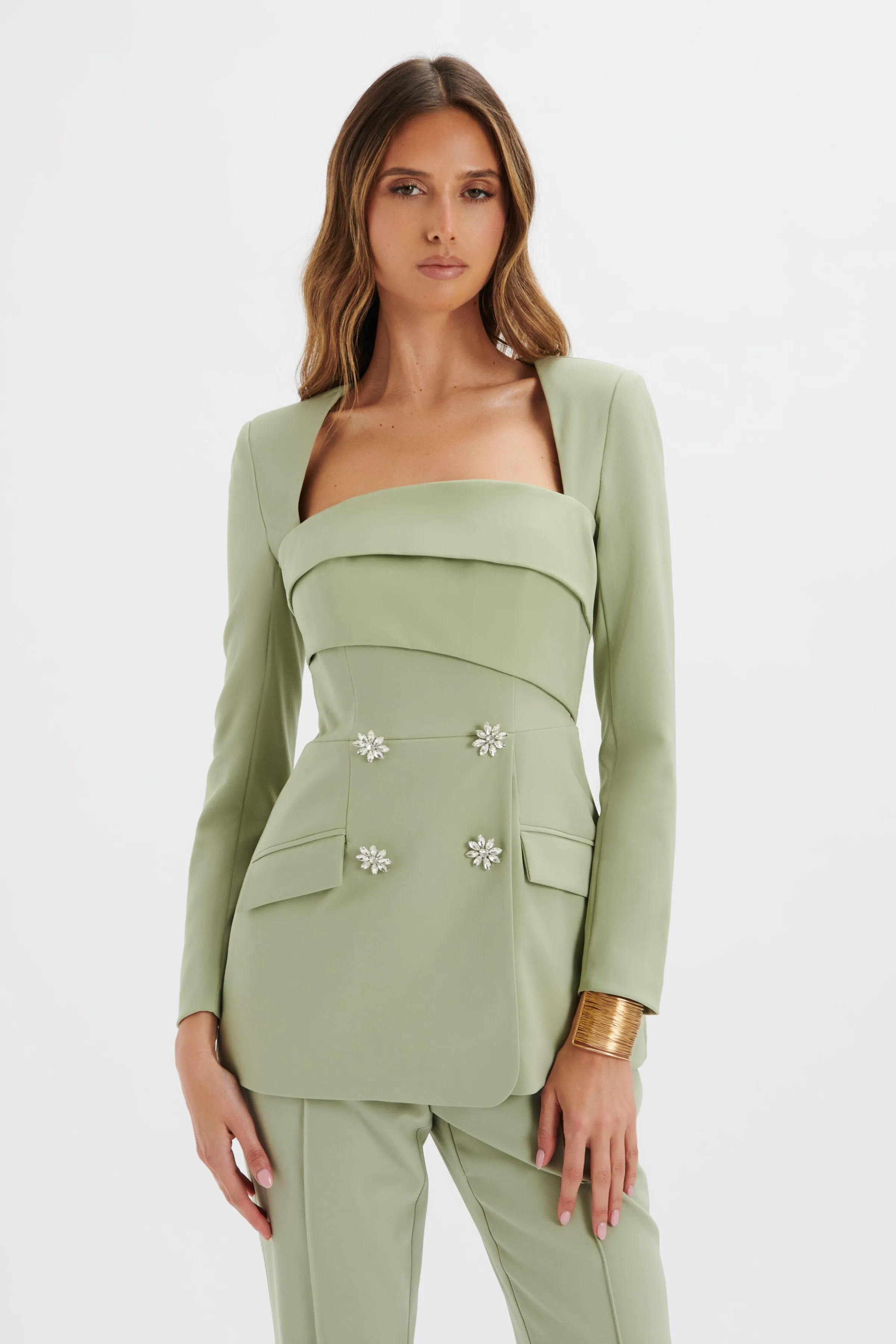 FREJA Tailored Bandeau Blazer In Sage Green