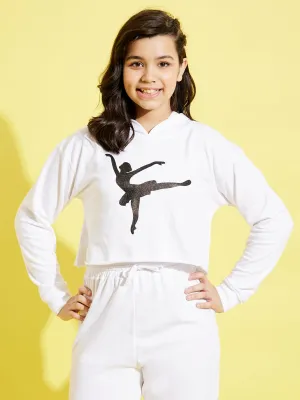 Girls White Ballerina Print Crop Hoodie