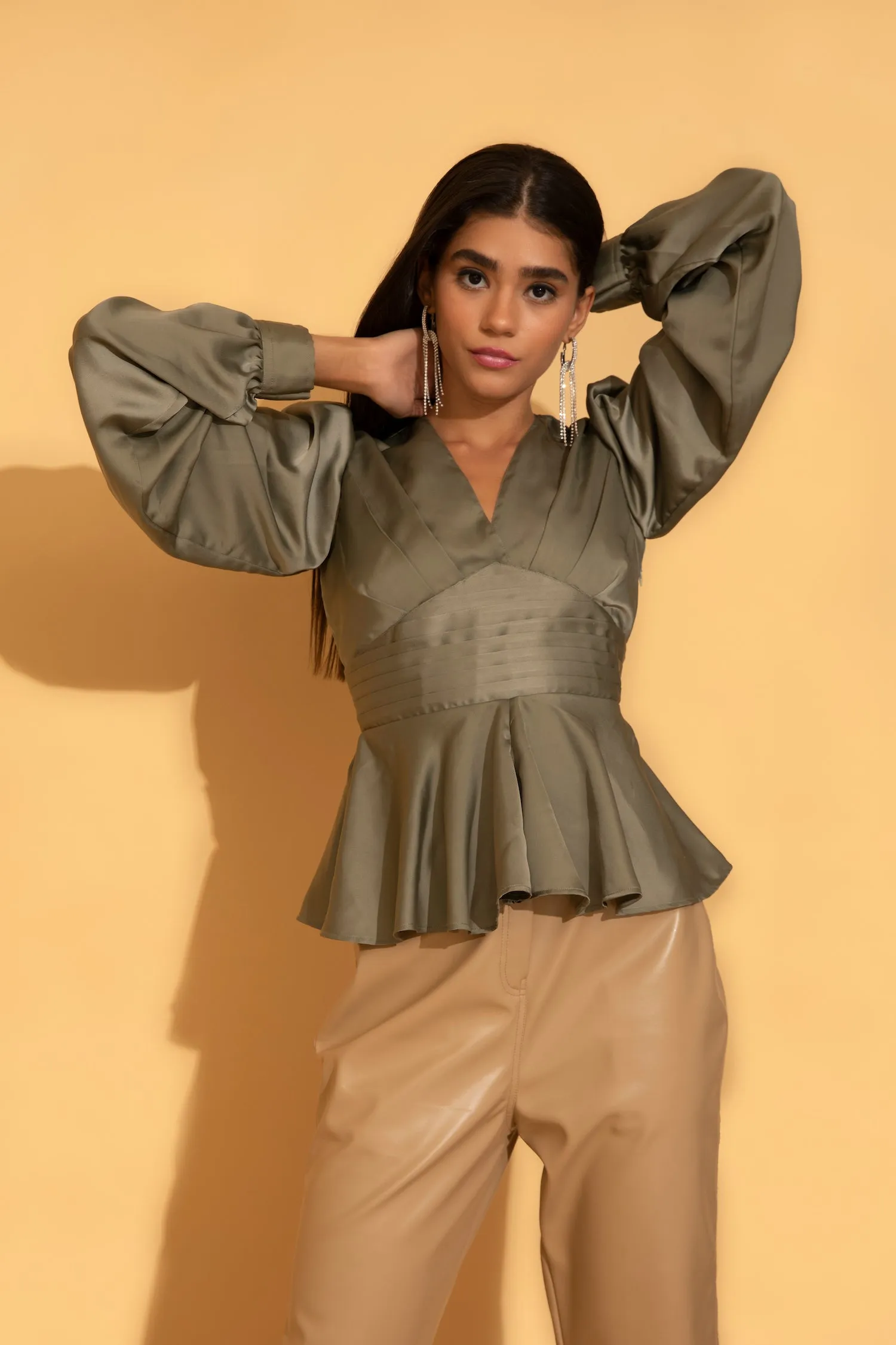 Green Satin Ruffle Top