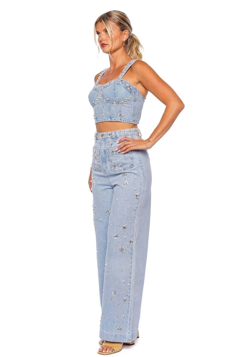 Hand Beaded Wide Leg Jeans