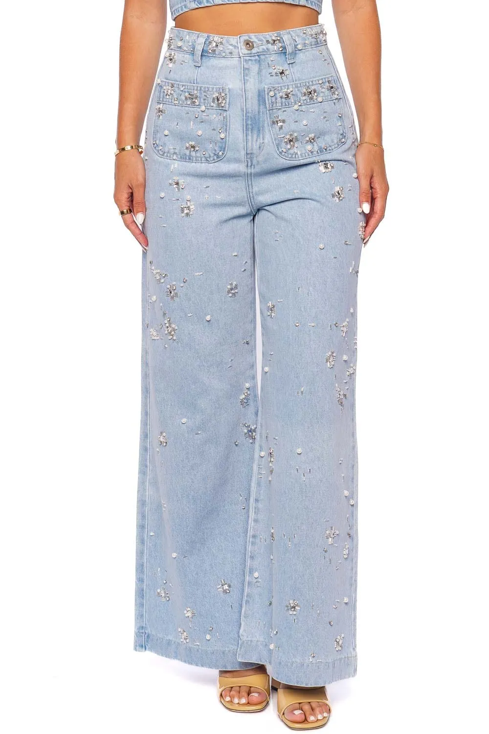 Hand Beaded Wide Leg Jeans