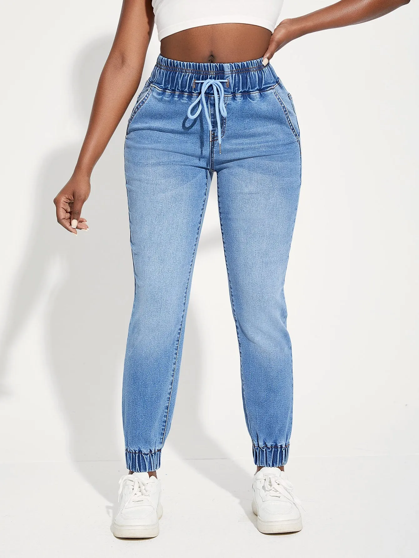 High Waist Drawstring Jogger Jeans