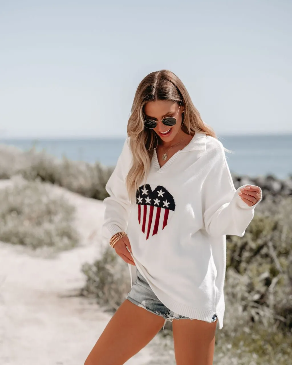 Ivory Heart Shaped American Flag Sweater - FINAL SALE