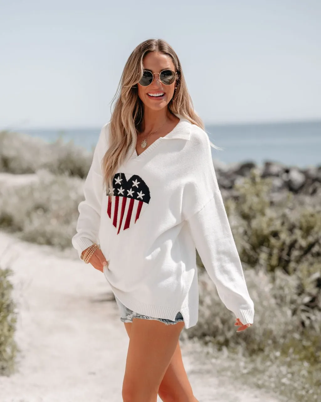 Ivory Heart Shaped American Flag Sweater - FINAL SALE