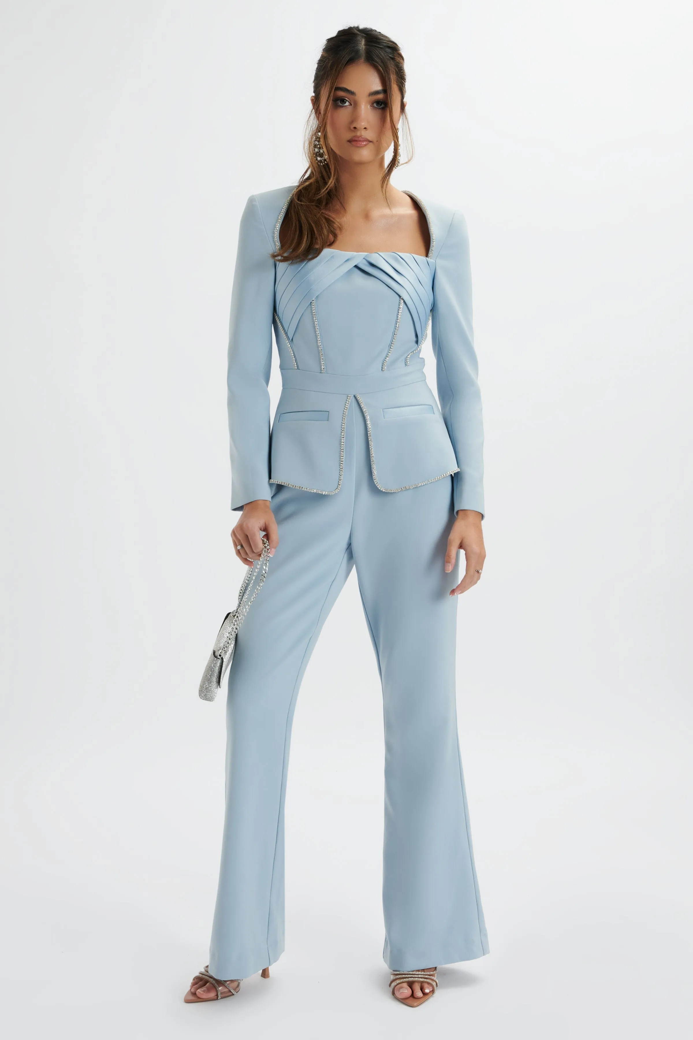 JESSIE Diamante Trim Tailored Jumpsuit In Pastel Blue