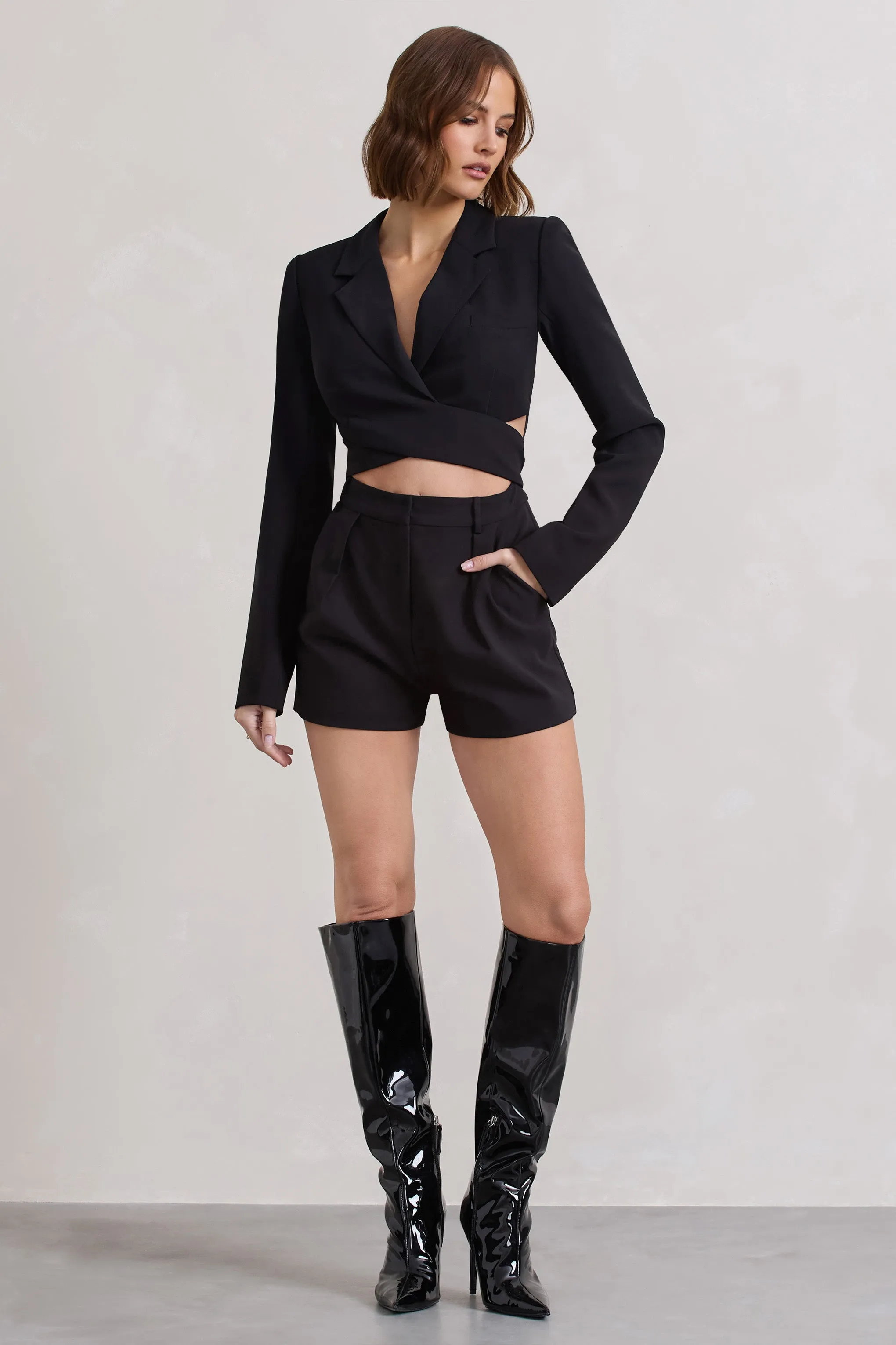 Madison | Black Plunge Tie Waist Tailored Playsuit