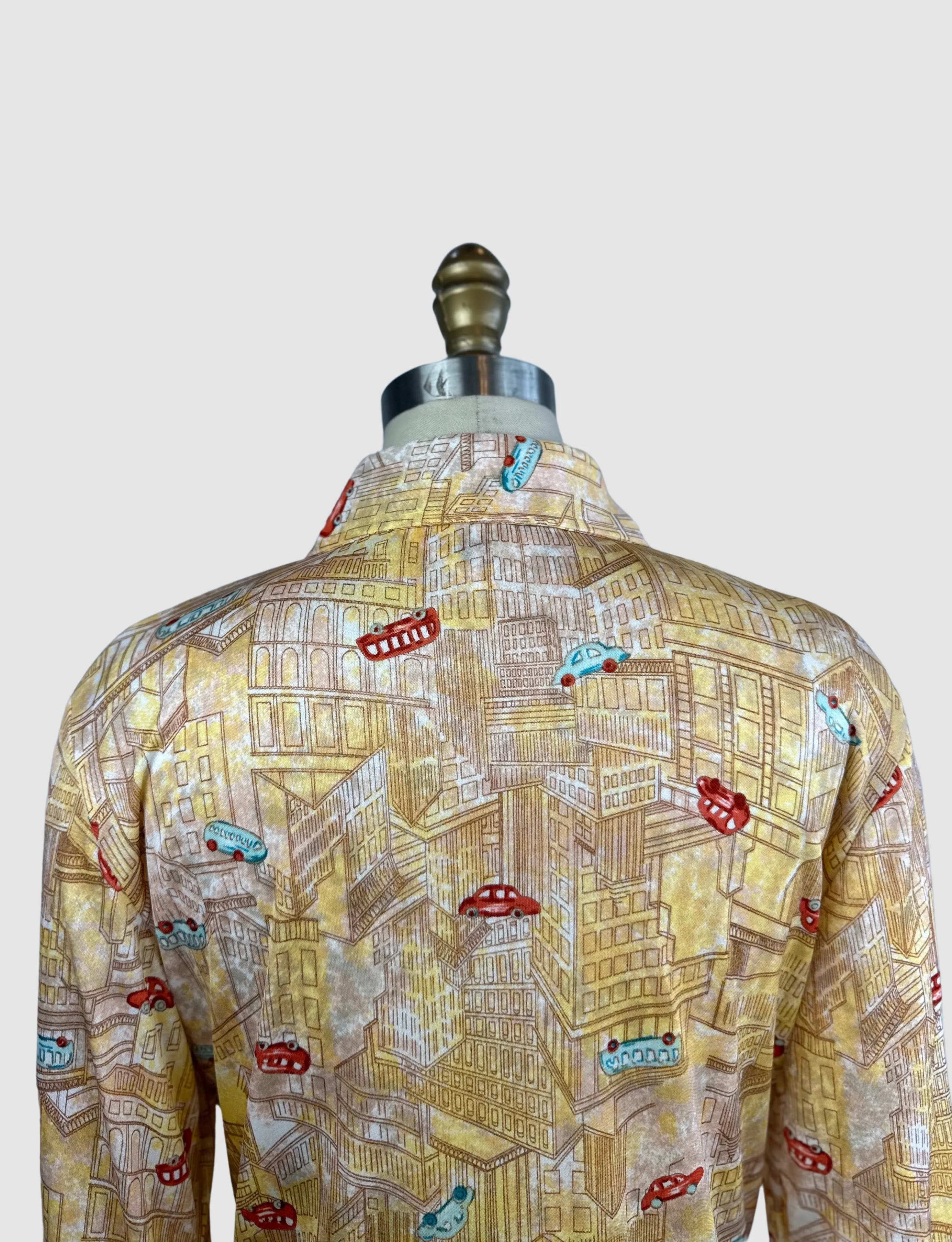 PIERRE FOSHEY 70s Deadstock City Print Polyester Disco Shirt  Medium