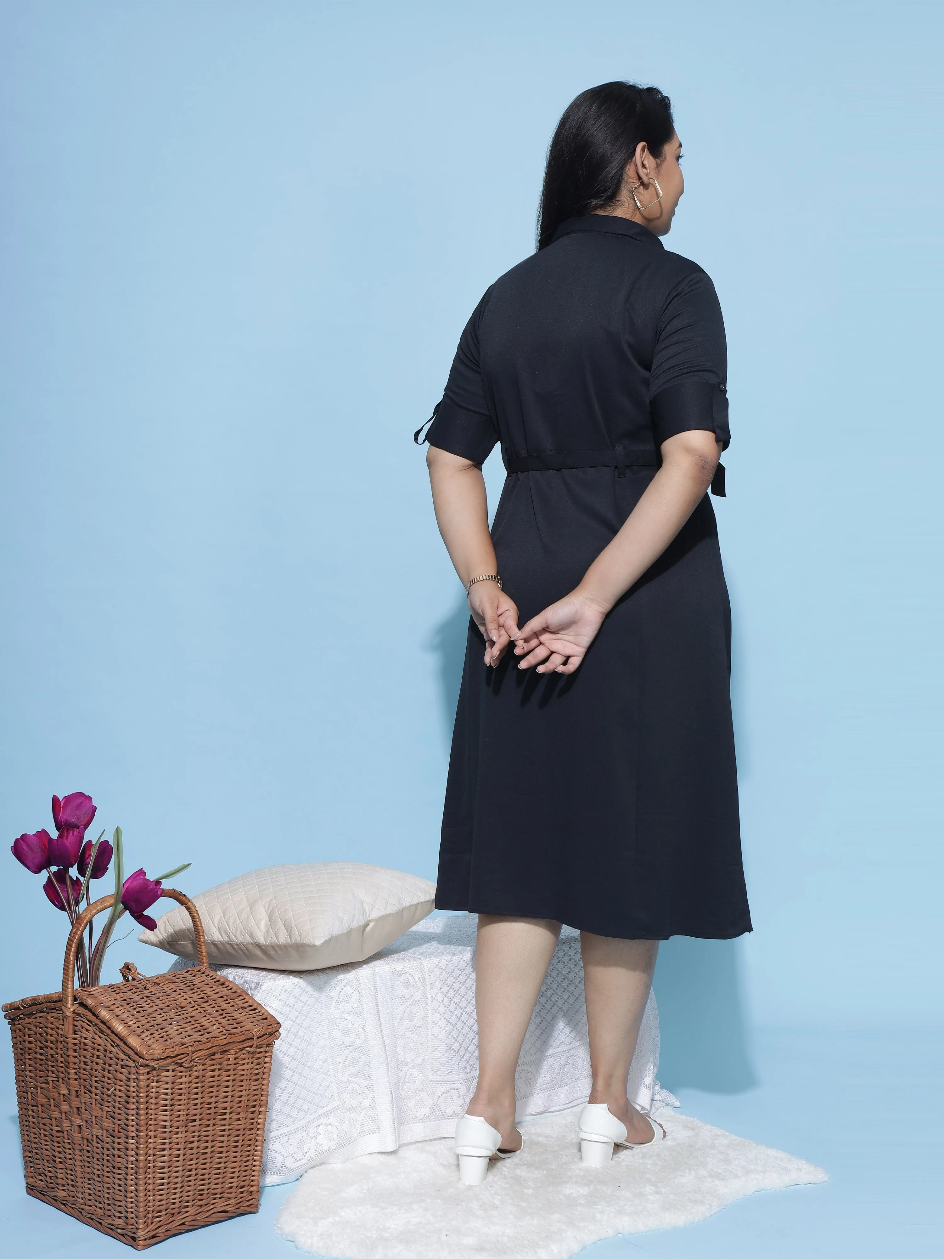 Polyester Collared Neck Dress Charcoal Black