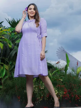 Premium Fancy Neck Polyester Floral Dress Lilac