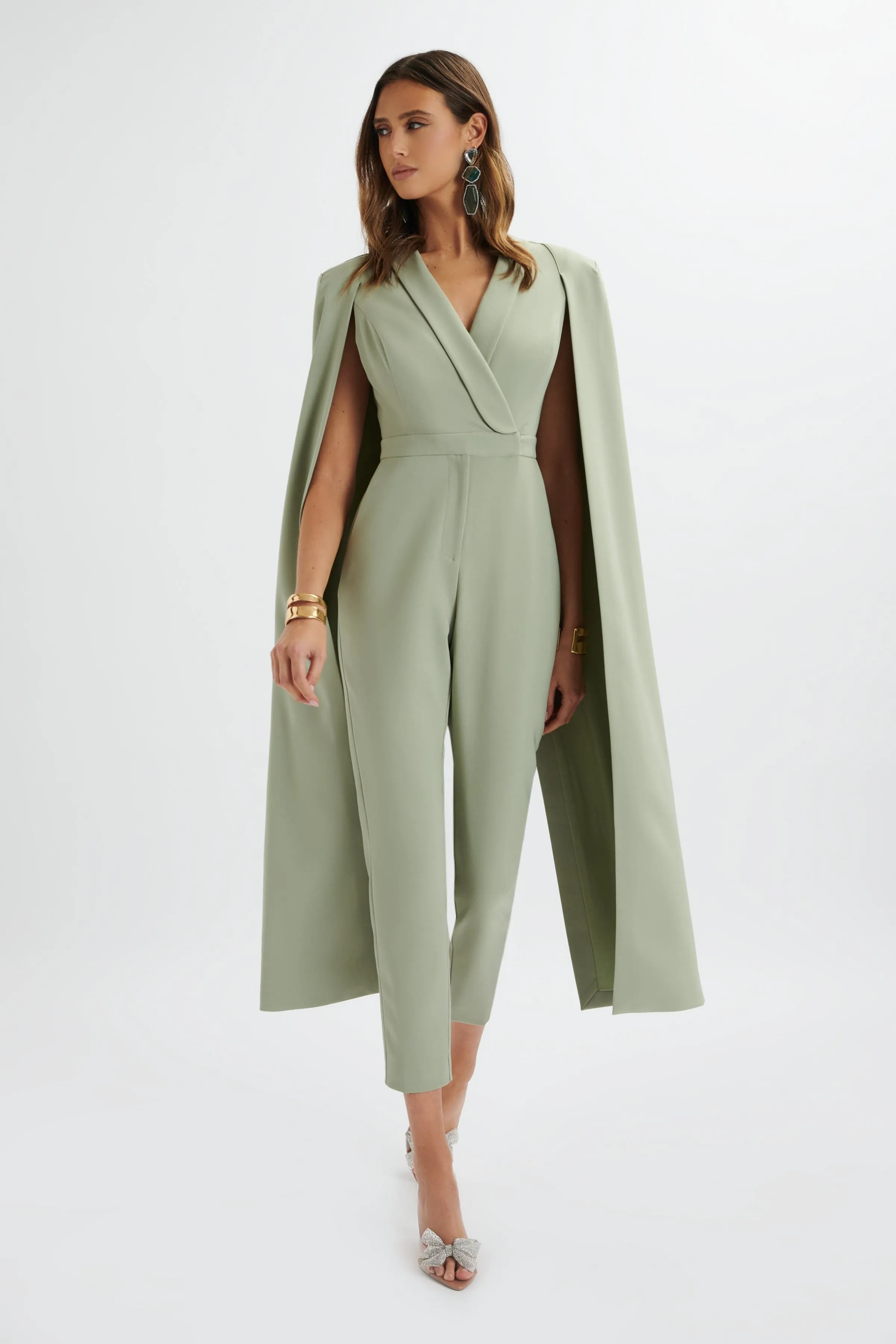 RAYNA Longline Cape Tailored Jumpsuit In Sage Green