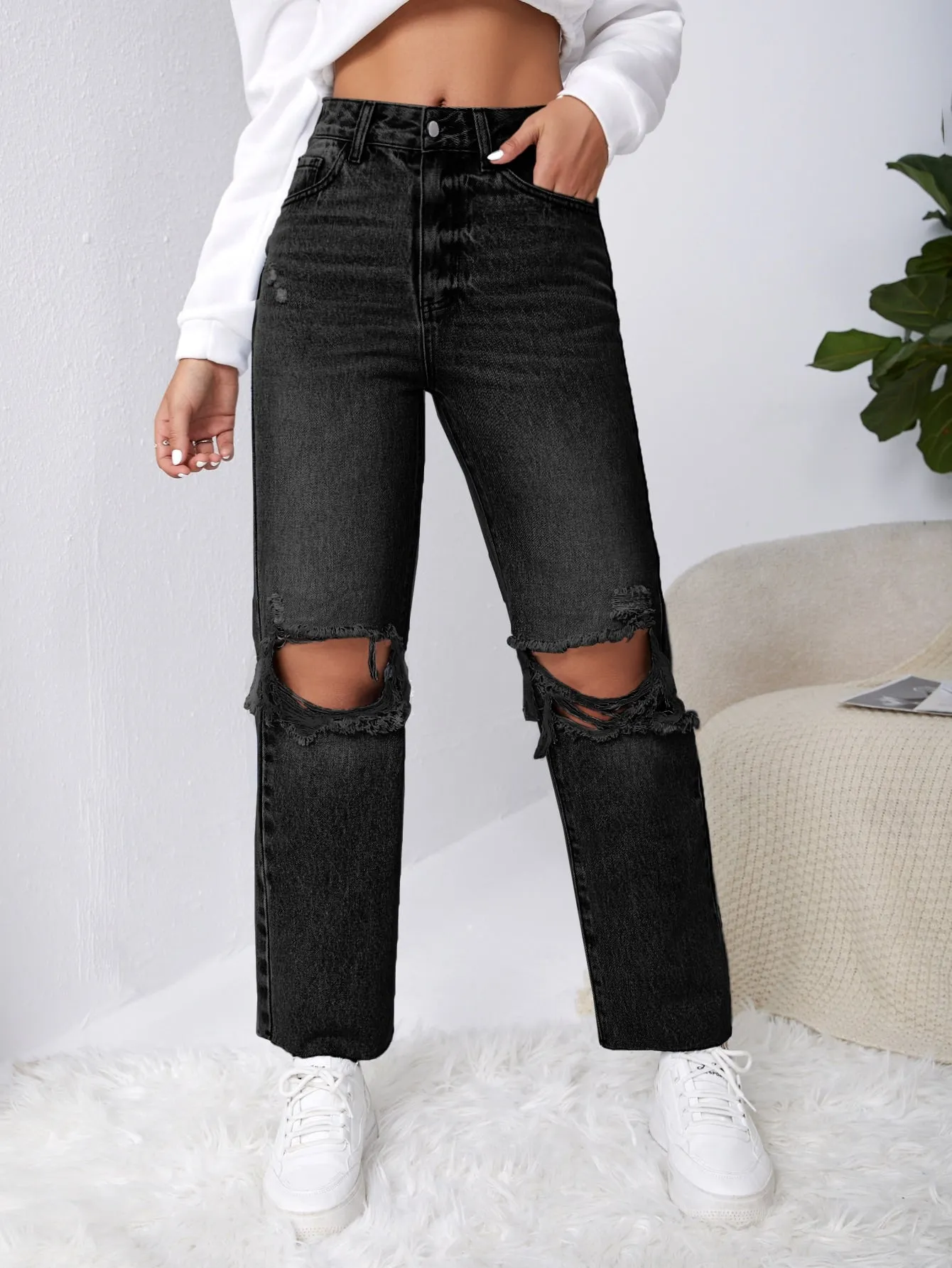 Ripped Raw Cut Straight Leg Jeans