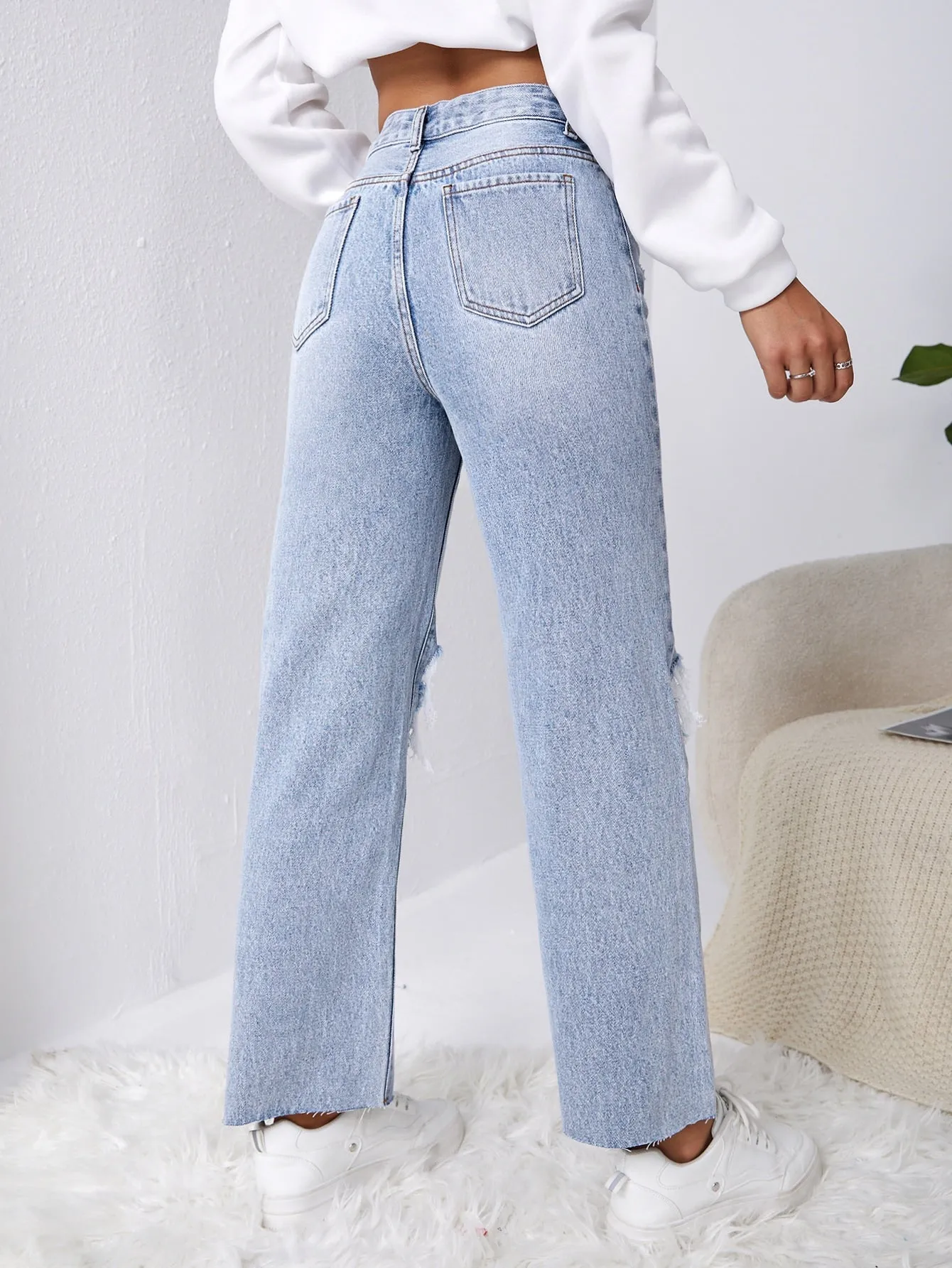 Ripped Raw Cut Straight Leg Jeans