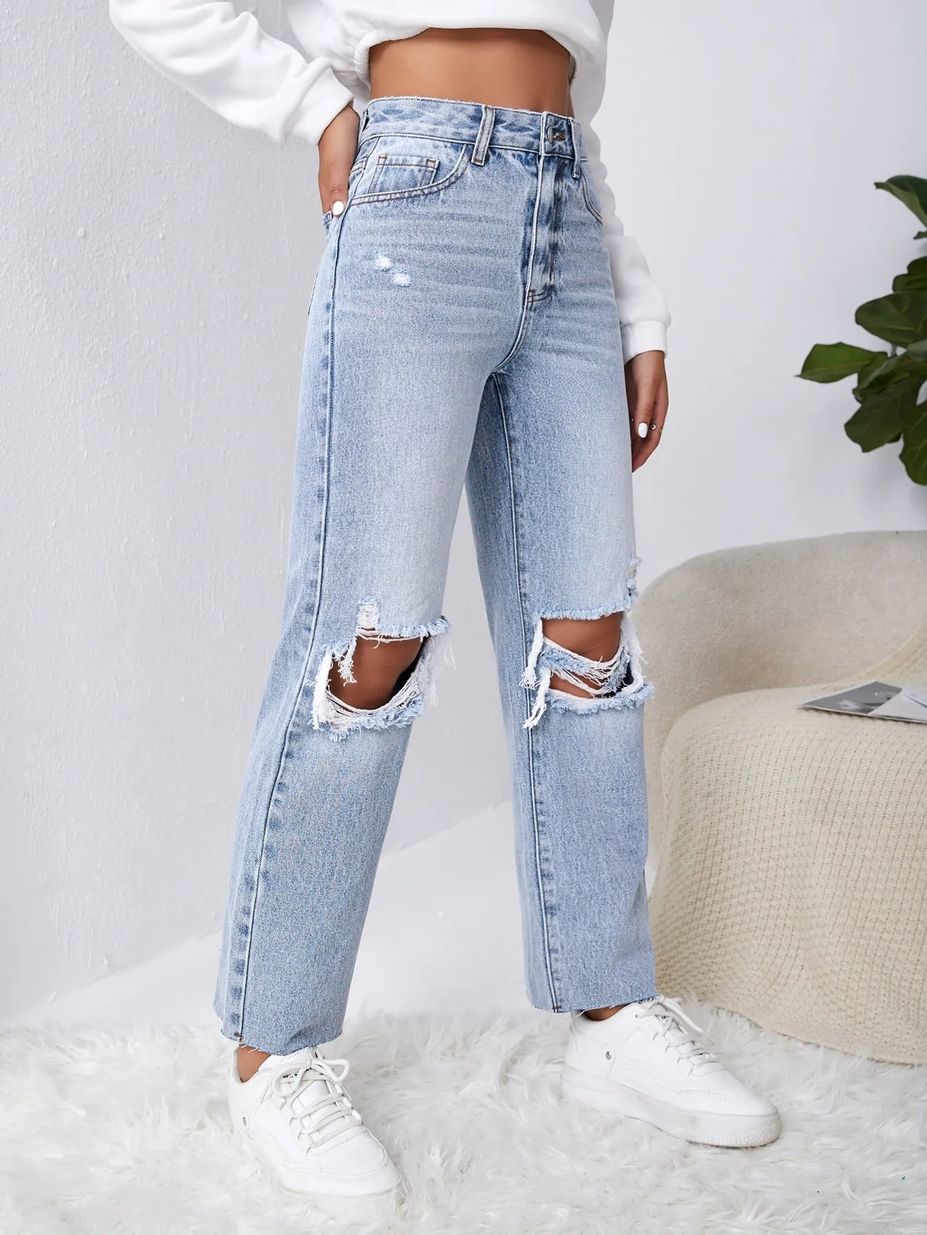 Ripped Raw Cut Straight Leg Jeans