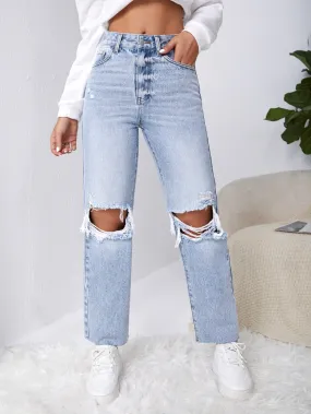 Ripped Raw Cut Straight Leg Jeans