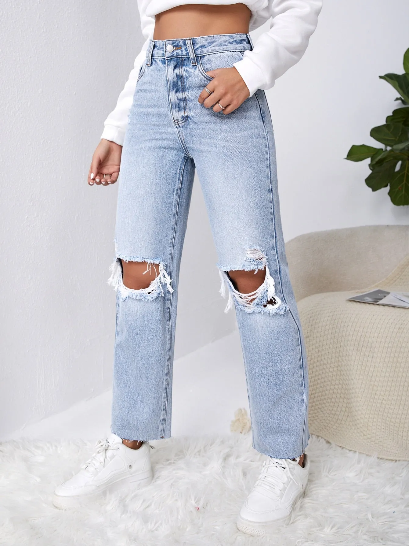 Ripped Raw Cut Straight Leg Jeans