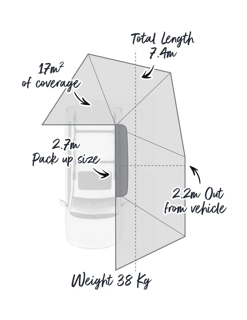 OUTBOUND Shield 6 Freestanding Awning - 270 Degree Coverage   2 x OUTBOUND 2.7m Polyester Tapered Valance Walls - Enhanced Outdoor Shelter Solution