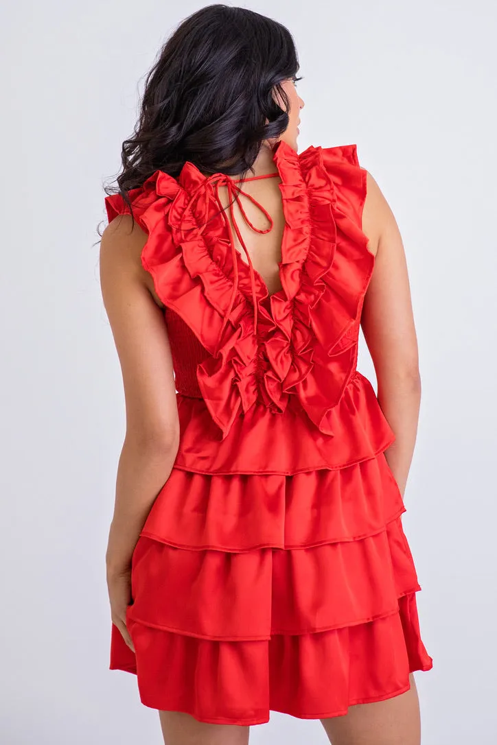 Satin Ruffle Smock Dress