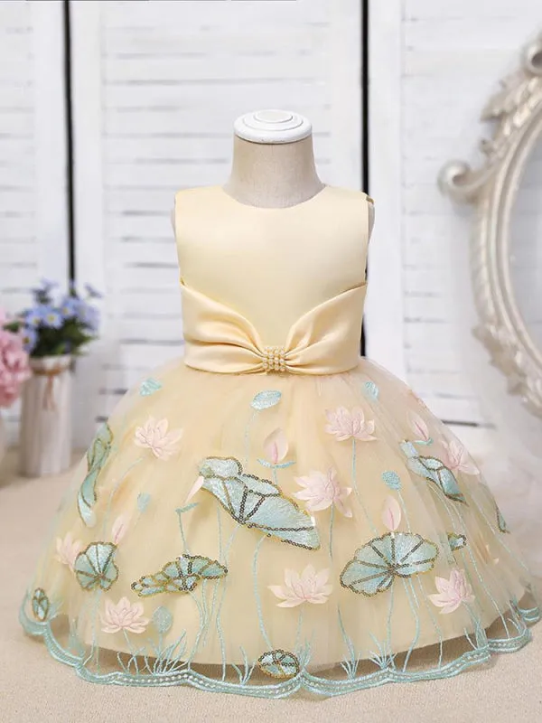 Tulle Knee-Length A-Line Flower Girl Dresses Jewel Neck Polyester Sleeveless Cotton Embroidered Kids Party Dresses