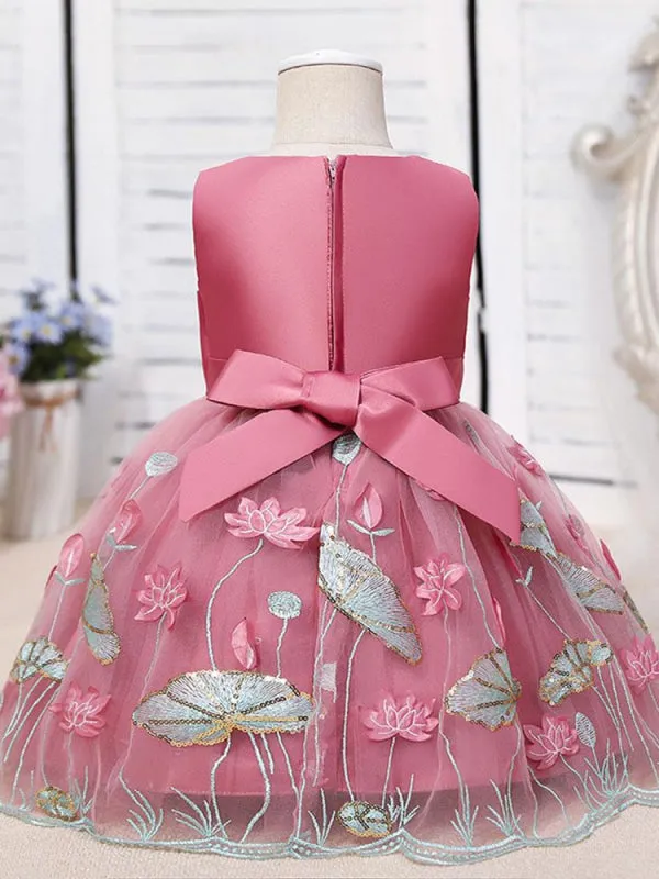 Tulle Knee-Length A-Line Flower Girl Dresses Jewel Neck Polyester Sleeveless Cotton Embroidered Kids Party Dresses