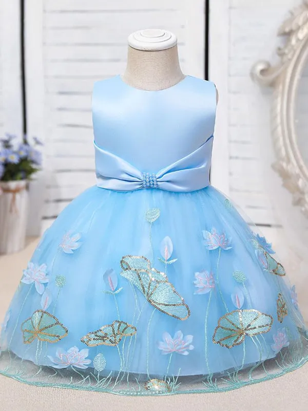 Tulle Knee-Length A-Line Flower Girl Dresses Jewel Neck Polyester Sleeveless Cotton Embroidered Kids Party Dresses