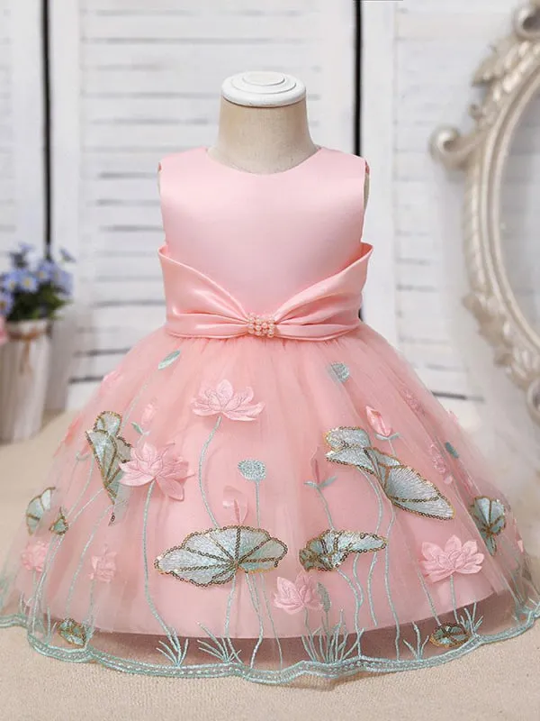 Tulle Knee-Length A-Line Flower Girl Dresses Jewel Neck Polyester Sleeveless Cotton Embroidered Kids Party Dresses